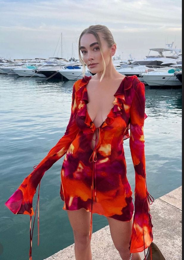 Print Backless Beach Ruffle Dress