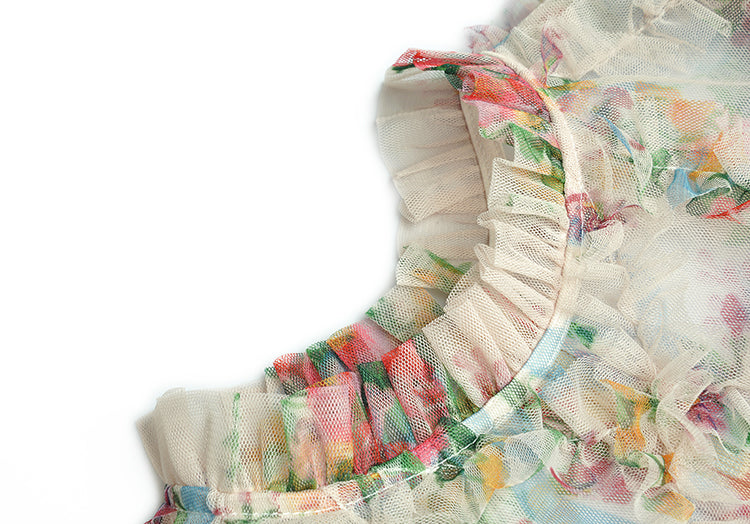 Spring Lantern Sleeve Mesh Print Cascading Ruffle Maxi Dress