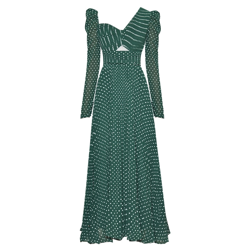 Long Sleeve Hollow Polka Dot Embroidered Green Maxi dress