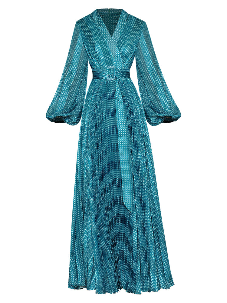 V Neck Lantern sleeve Sashes Printed Elegant Pleated Dress