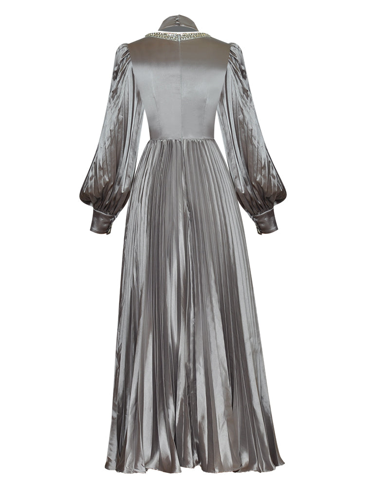 O-neck Lantern Sleeve Crystal Beading Maxi Dresses