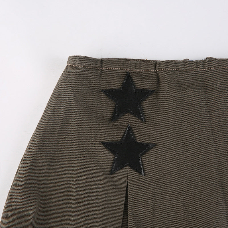 Y2K Grunge Denim Skirt with Star Patchwork
