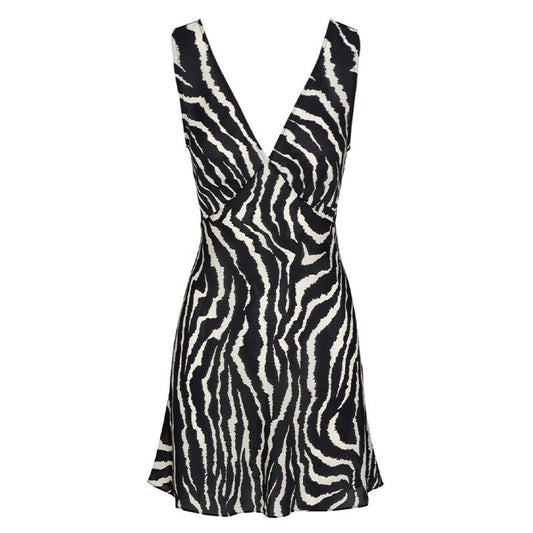Black White Zebra Print V-Neck Silk Mini Dress
