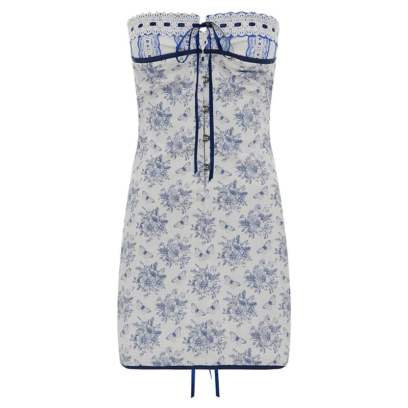 Elegant Strapless Blue & White Mini Dress