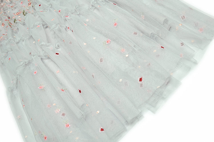 Mesh Stitching Flower Embroidery Slim Elegant Maxi Dress