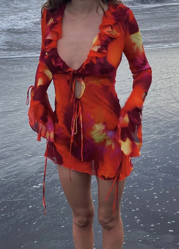 Print Backless Beach Ruffle Dress