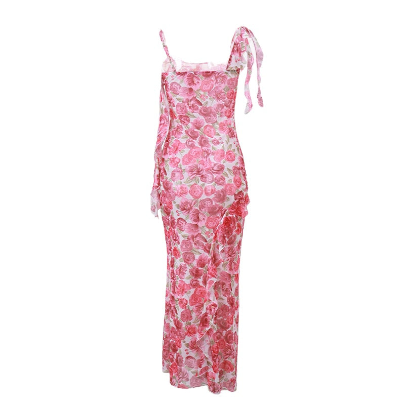 Floral Print Ruffles Slip Maxi Dress