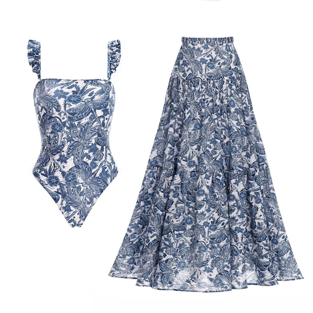 Blue Printed Swimsuit and Skirt Set