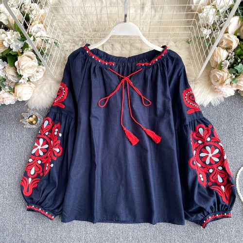 Ethnic Embroidered Lace-Up Blouse