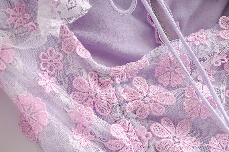 Purple Lace Floral Embroidery Mini Dress