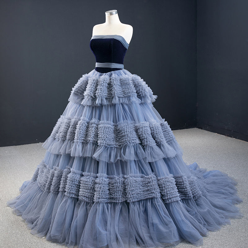 Blue Elegant Tiered Frill Lace-up Gown