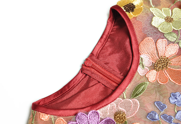 Lantern sleeve Ruffle Flower Embroidery Maxi Dress