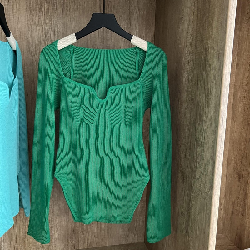 Square Collar Long Sleeve Knitted Top