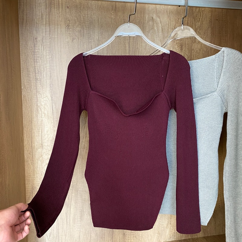 Square Collar Long Sleeve Knitted Top