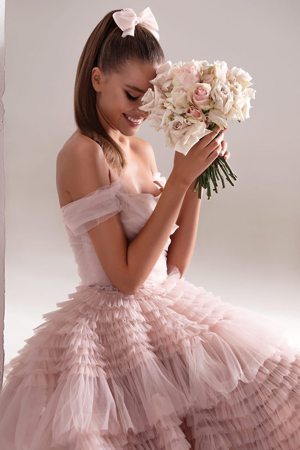 Dusty Pink Tulle Ruffles Gown