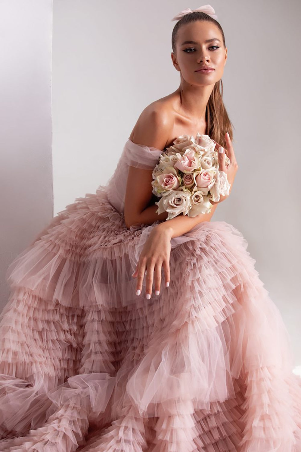 Dusty Pink Tulle Ruffles Gown