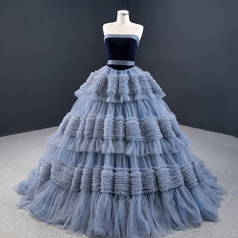 Blue Elegant Tiered Frill Lace-up Gown