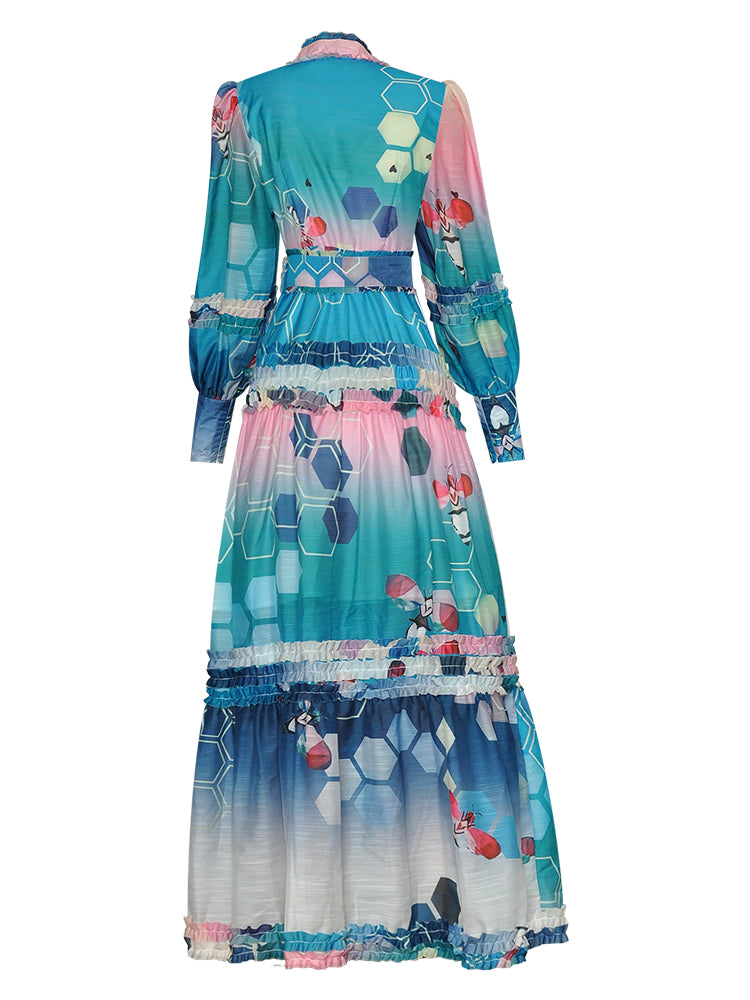 Multicolored Lantern sleeve Single-breasted Maxi Dress