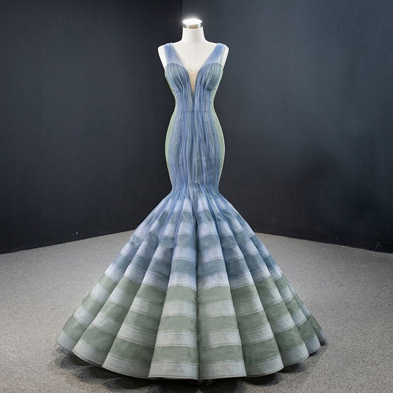 Blue Slim-fit Lace Evening Dress