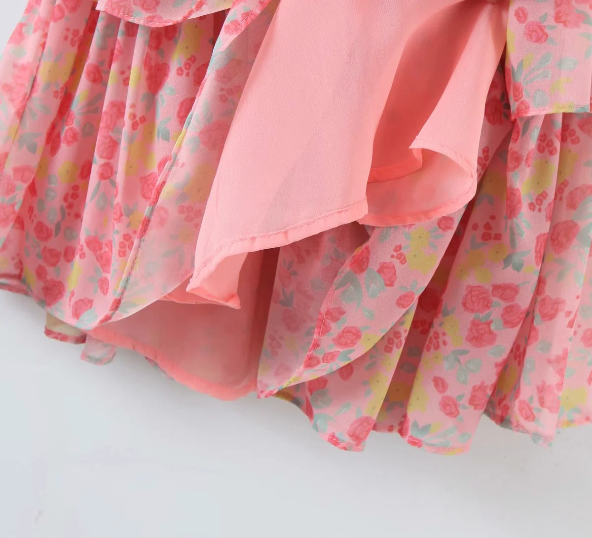 Pink Floral Ruffled Trims Tiered Mini Dress