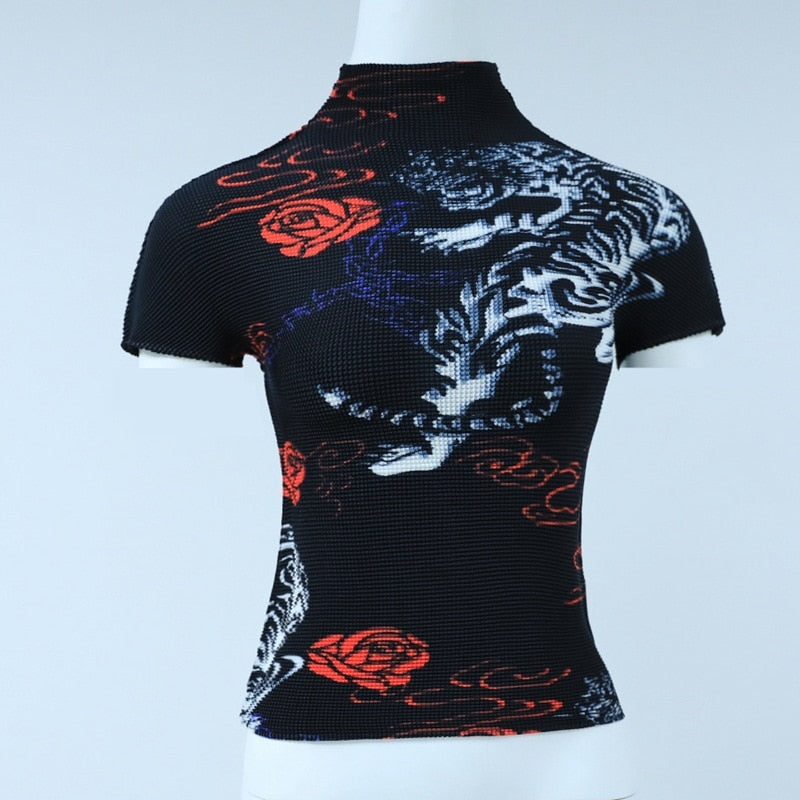 LANMREM color block printting pleated t-shirt for women 2023 summer new fashion short sleeve slim elastic tops famale YJ774