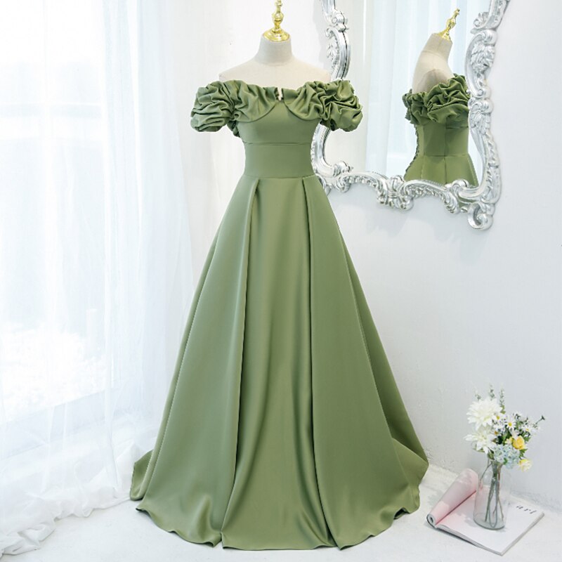 Avocado Green Satin Evening Gown