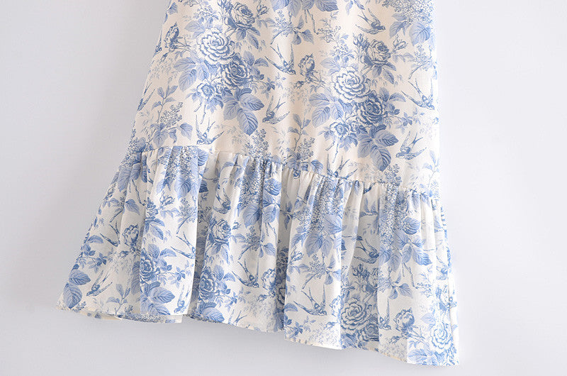 Lace Up Bowknot Strap French Printed Midi Dress