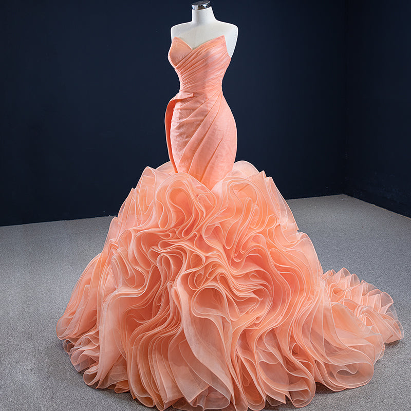 Orange Ruffled Heart-shaped Slim-fit Evening Gown