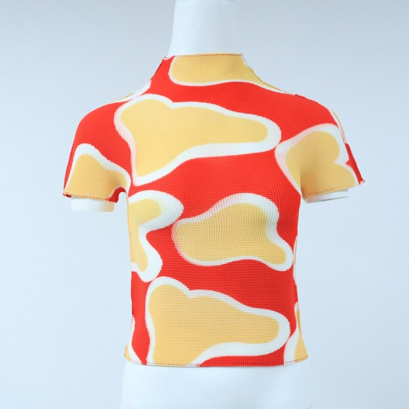 LANMREM color block printting pleated t-shirt for women 2023 summer new fashion short sleeve slim elastic tops famale YJ774