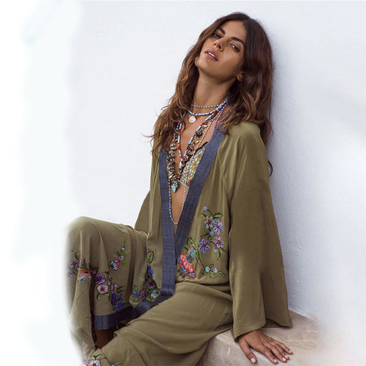 Ethnic Floral Embroidery Cardigan Maxi Dress