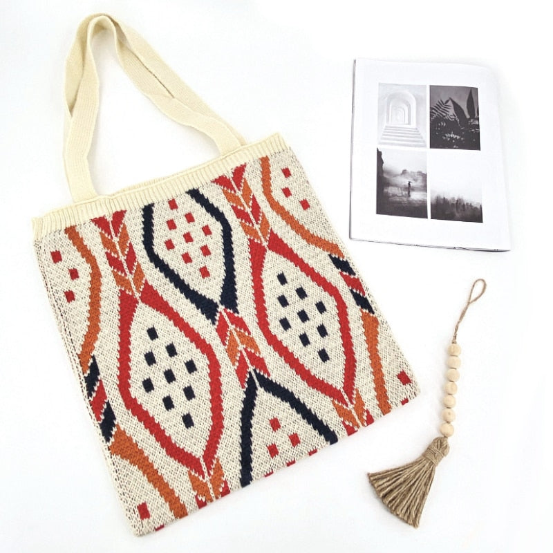 Lady Knitting Gypsy Bohemian Boho Chic Aztec Tote Bag Women Crochet Woolen Open Shopper Top-handle Bag 2022 Female Daily Handbag