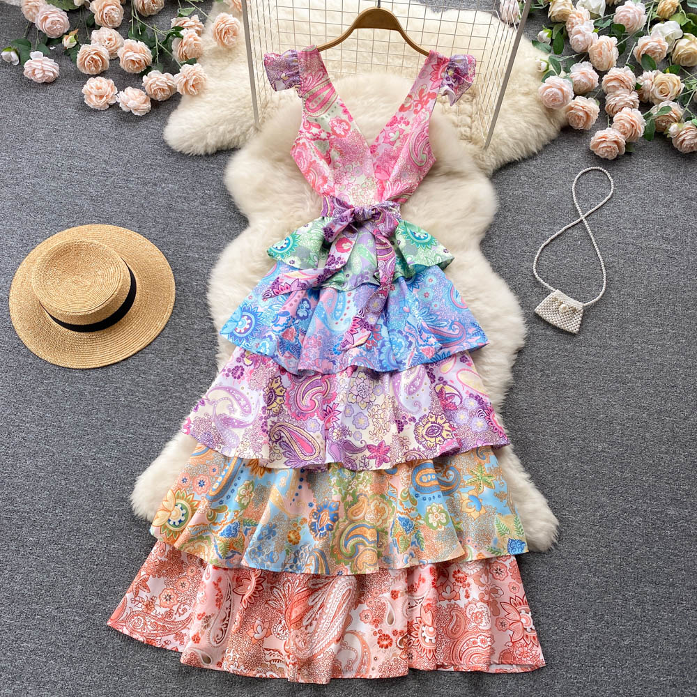 Lace Bohemian Cascading Ruffles Maxi Dress