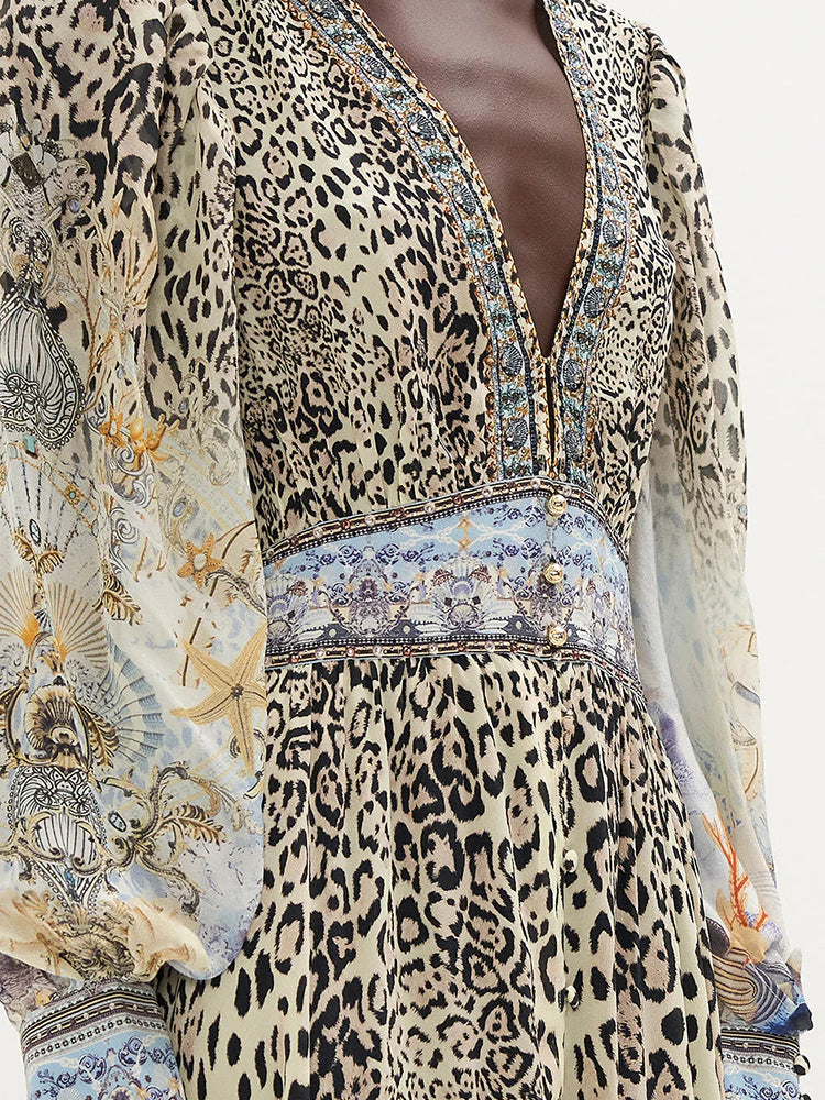 Vintage Leopard Deep V Neck Maxi Dress