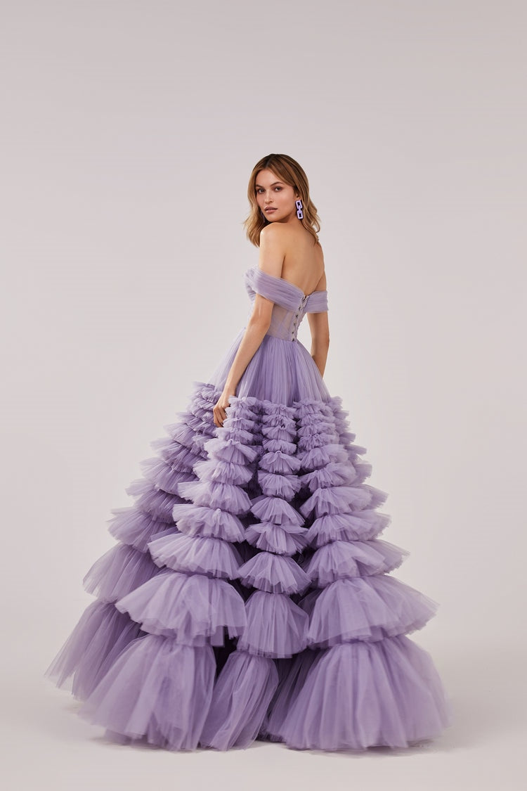 Lavender Tiered Off Shoulder Prom Dress