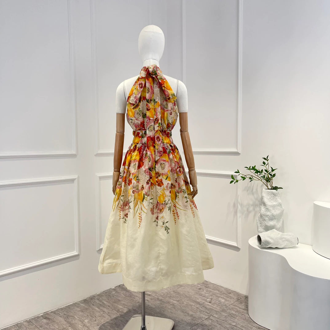 Linen Silk Floral Printing Gradient Halte Midi Dress