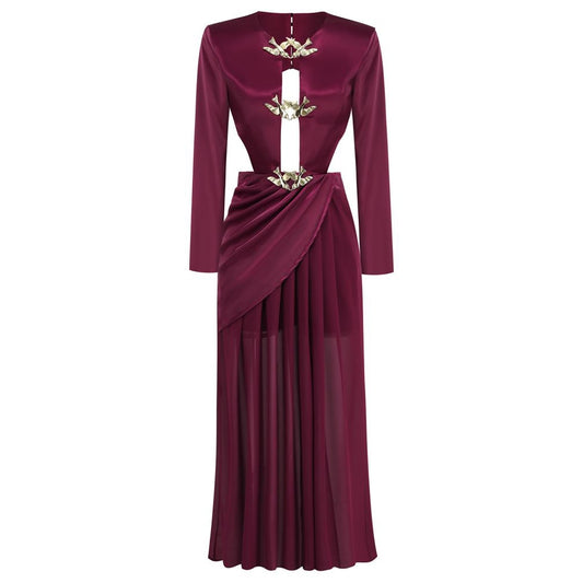 Wine Red Hollowed-Out Pleated Backless Long-Sleeved Maxi Dress