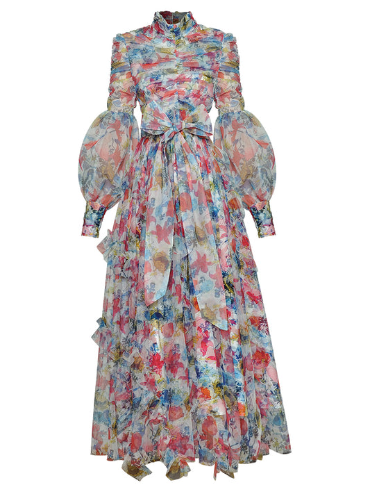 Stand collar Lantern Sleeve Ruched Mesh Floral Print Maxi Dress
