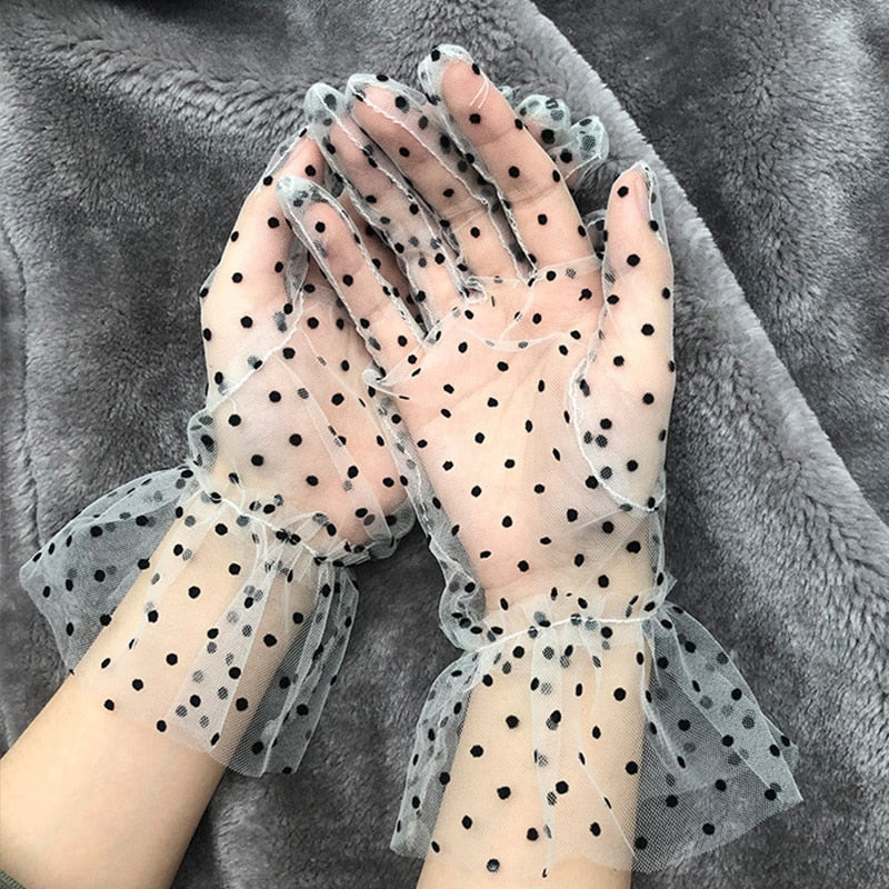 Transparentes Dot Print Black White Mesh Gloves
