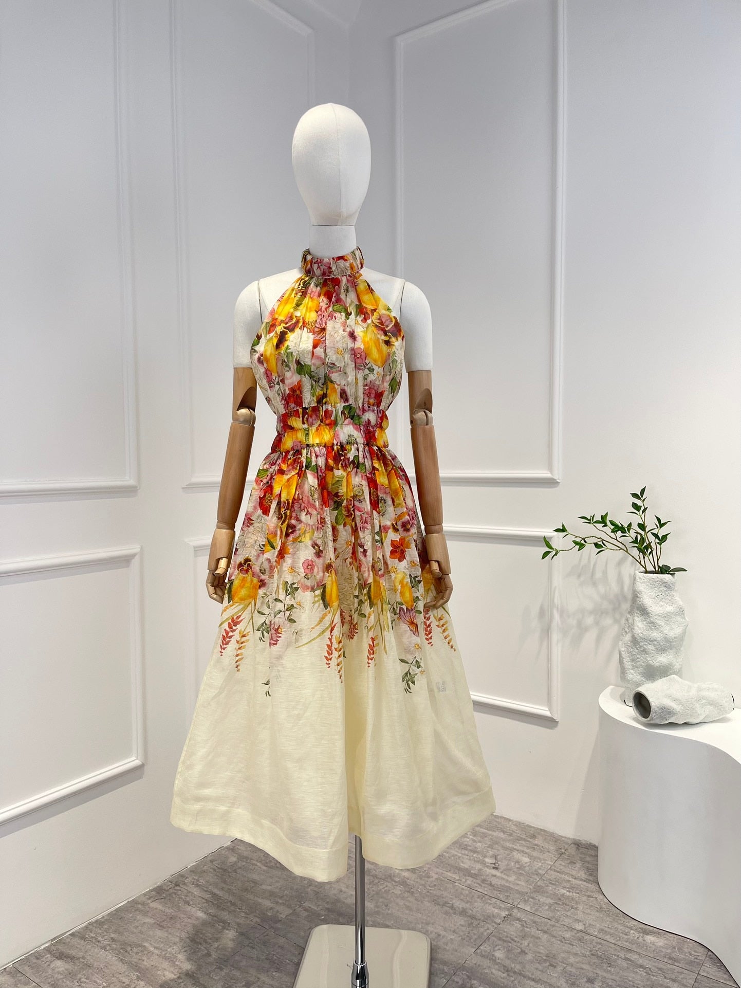 Linen Silk Floral Printing Gradient Halte Midi Dress