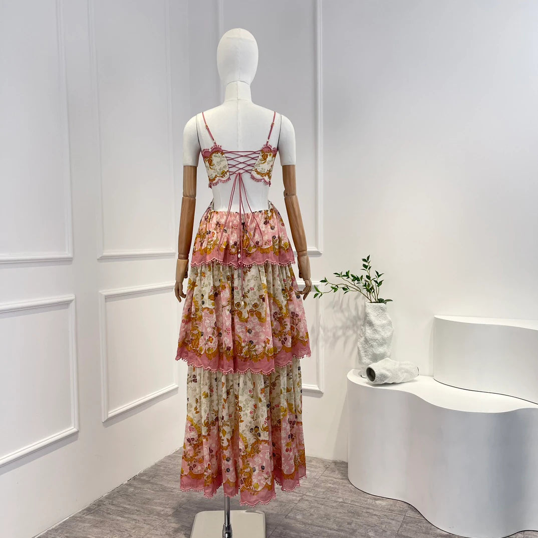 Silk Pink Floral Printing Cascading Ruffle Midi Dress