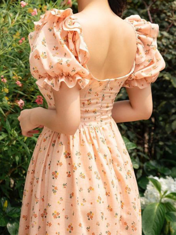 Princess Floral Print Ruched Square Collar Midi Dress