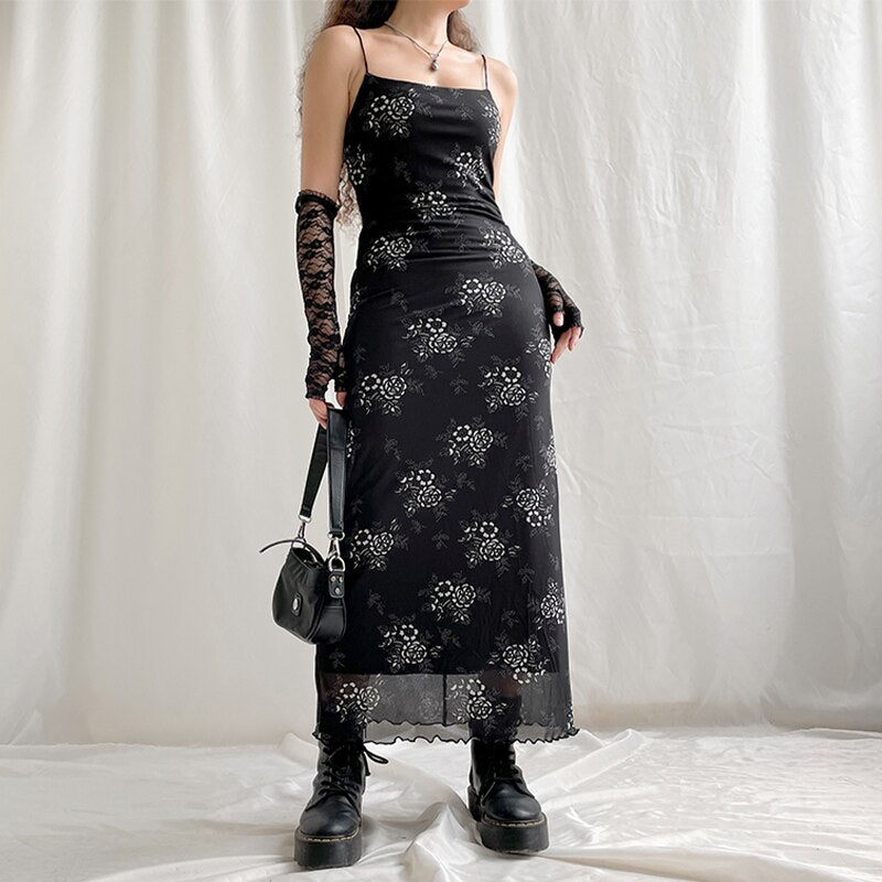 Dark Grunge Fairycore Mesh Floral Dress