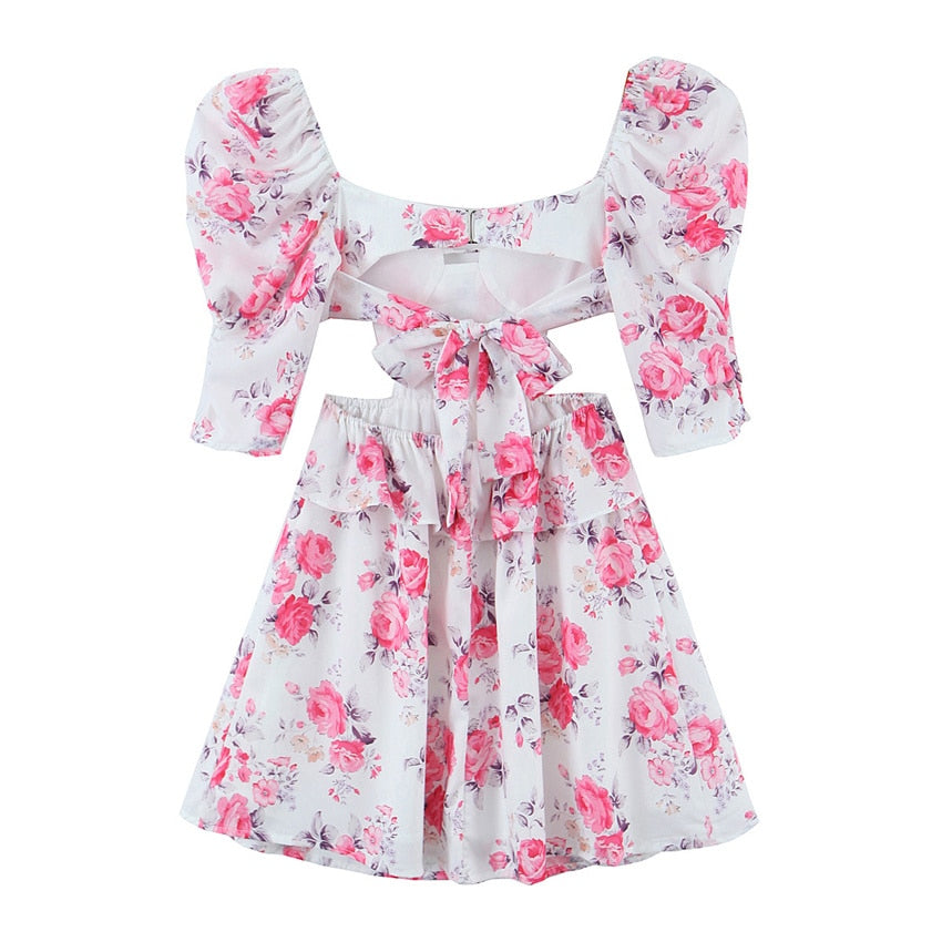 Floral Short Sleeve Backless Mini Dress