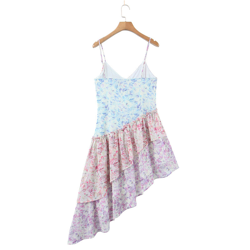 Print Ruffle Stitching Irregular Hem Mini Dress
