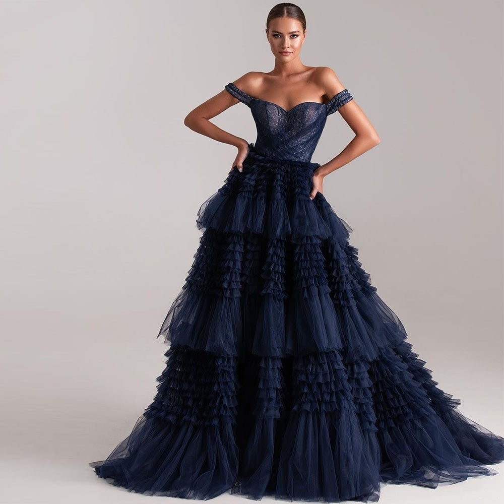 Ruffled Tulle Tiered Floor Length Evening Gown