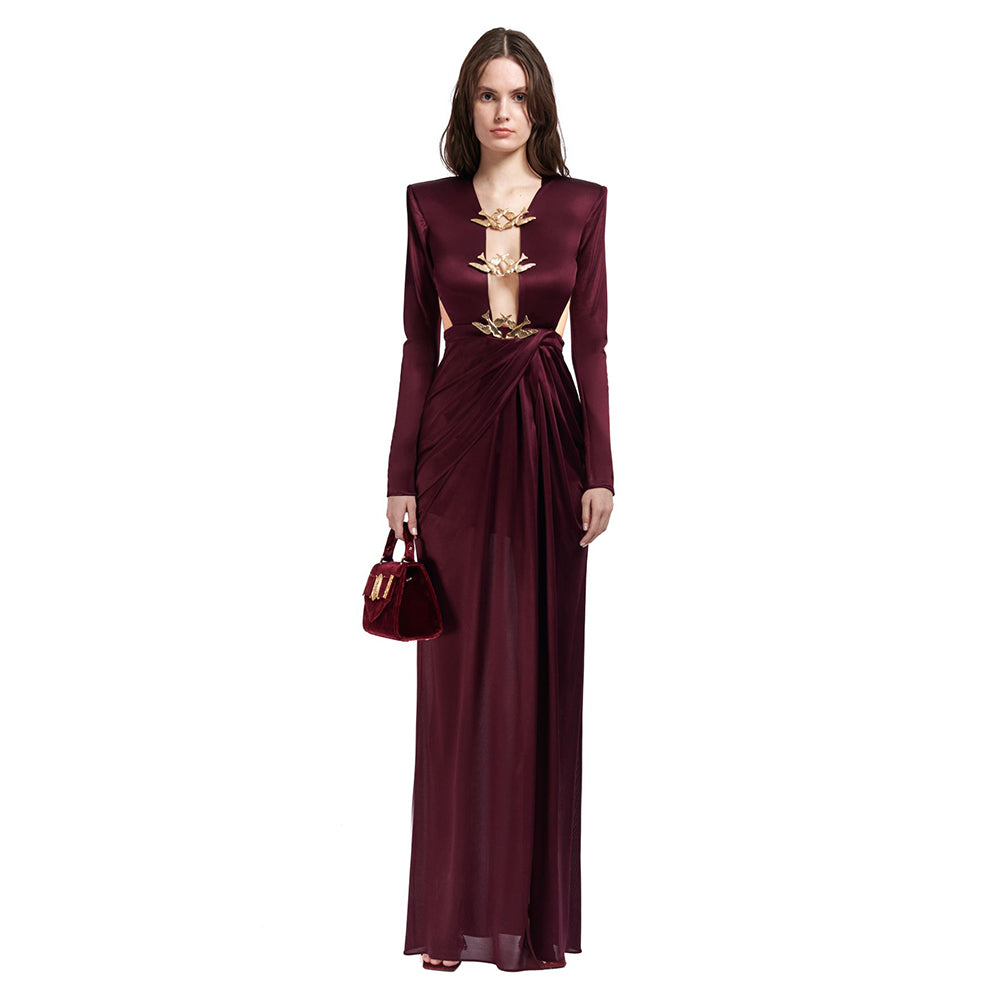 Wine Red Hollowed-Out Pleated Backless Long-Sleeved Maxi Dress