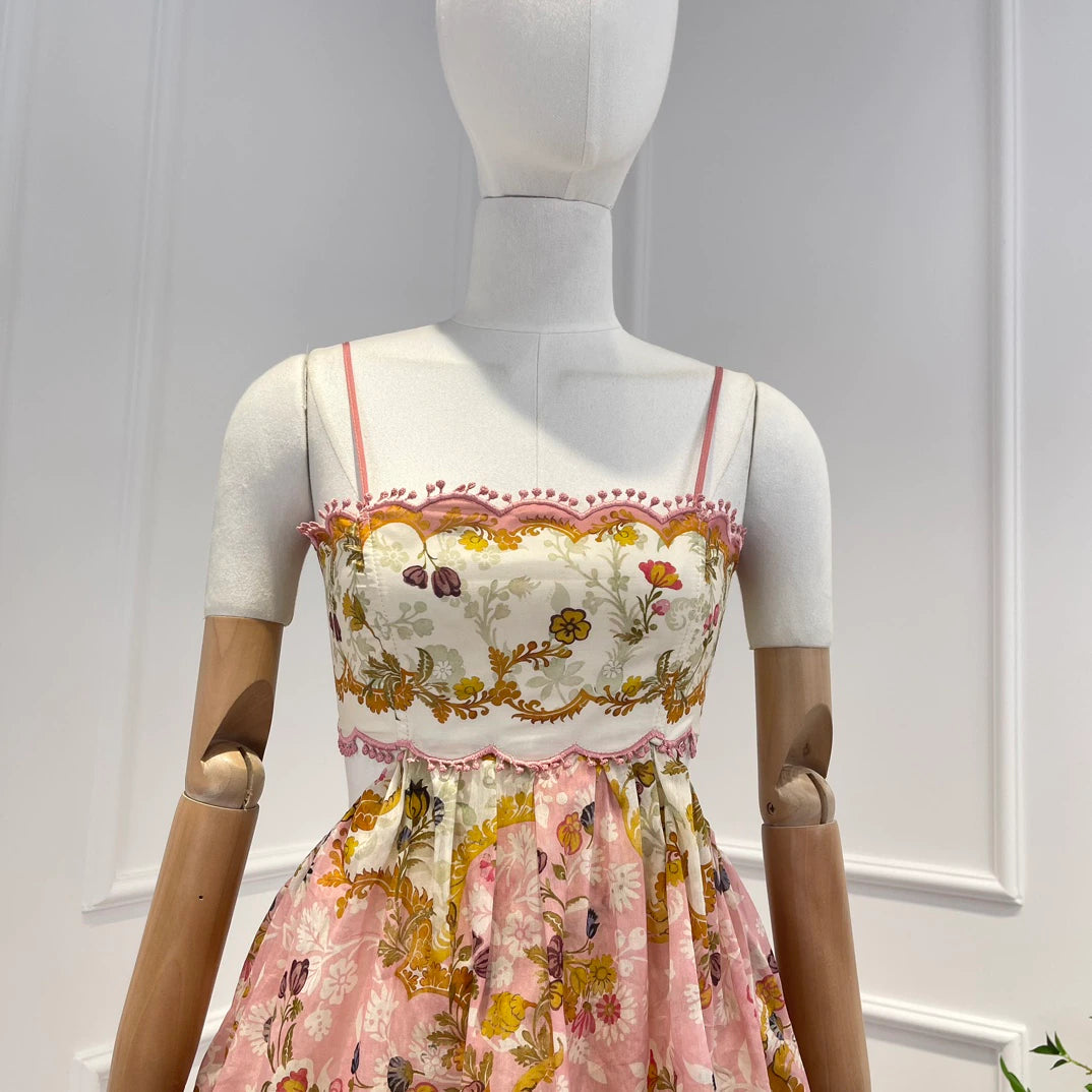 Silk Pink Floral Printing Cascading Ruffle Midi Dress