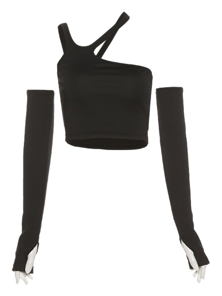 Casual Slim Solid Removable Sleeves Halter Top