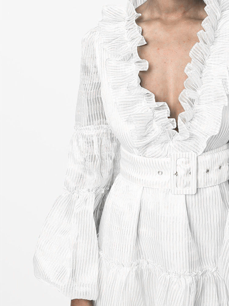 White Elegant Puff Sleeve Patchwork Lace Maxi Dress