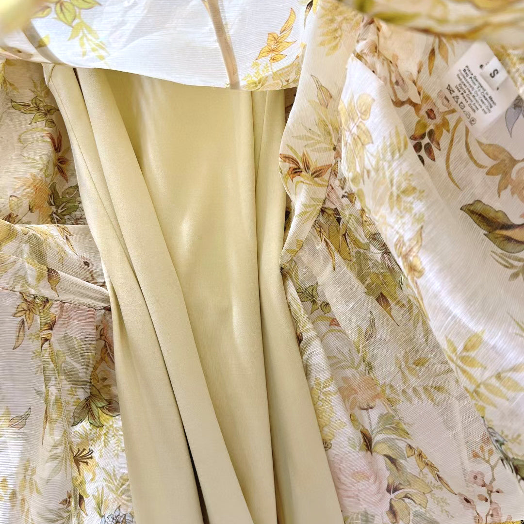 Silk Lantern Sleeve Flower Print Mini Dress